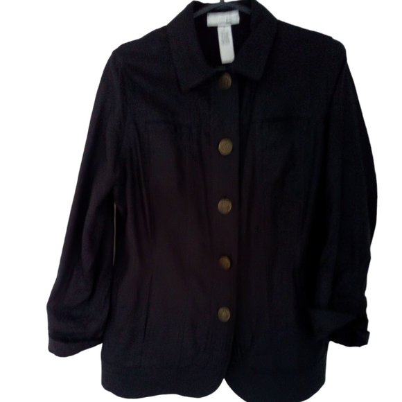 LUCY & LAUREL 100% Linen Black Jacket With Brass Tone Buttons Size X - Picture 1 of 5